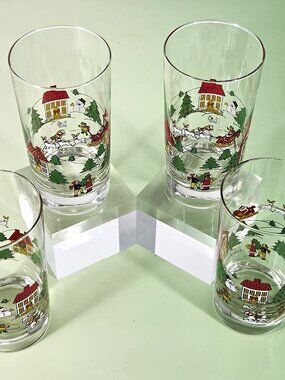 1987 Action Industries 4 Christmas Glasses/Tumblers Colorful Village Scenes 12oz